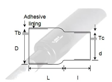 The manufacturer's dimensioned drawing of the single-outlet cap in section, labelled D and Tb on the wide body, d and Tc on the narrow outlet, L and l as the two lengths, with an arrow marked Adhesive lining pointing at the inner face