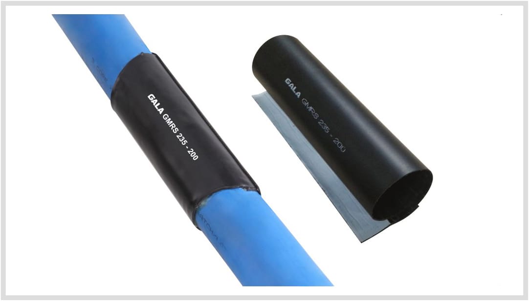 Two views of a black repair sleeve. On the left it is shrunk down tight onto a blue cable; on the right a second sleeve is held open to show the grey adhesive-lined inner face and the flap that laps over. Both carry the printed marking GALA GMRS 235 - 200.