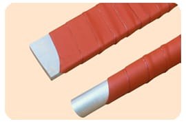 Two conductors in the manufacturer's photograph, a flat rectangular bar and a round rod, each wound in overlapping turns of dull red Bustape with the bare silver metal left exposed at the cut end