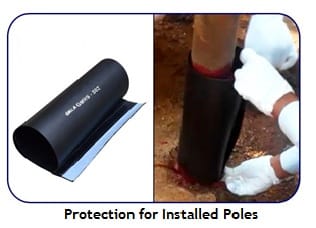 Left, a black Gala pole sleeve held in a curl so the lined inner face and the flat overlap tongue are visible. Right, gloved hands closing the same sleeve around the base of a rust-streaked pole where it meets red earth.