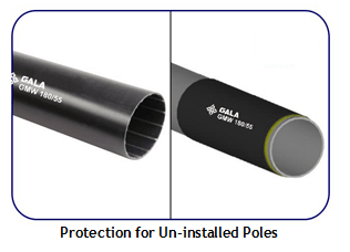 Two black tubular heat shrink sleeves against a white background, one showing its open end, the other marked with a green and yellow stripe. GALA GMW 180/55 is printed on both.