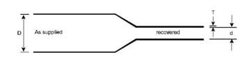 Manufacturer's line diagram of the tube in section, wide at the left marked as supplied with diameter D, stepping down to the right marked recovered with diameter d and wall thickness T